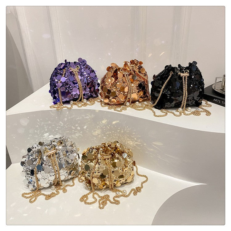 Sequin Chain Women's Portable Bucket Shoulder Bags Retro Ladies Dinner Party Clutch Purse Luxury Design Female Crossbody Bag