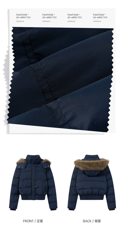 South District Fiona Women's Winter Jacket Navy Blue Cotton Short down Coat with Detachable Hood And Fur Collar