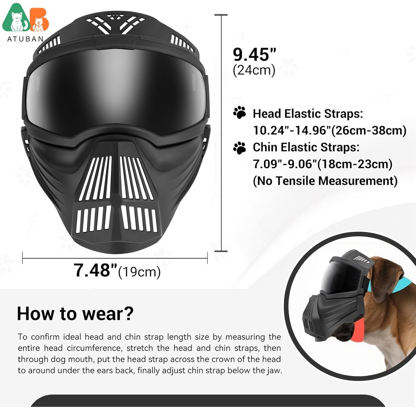 Óculos de proteção para cães ATUBAN raças grandes, óculos de sol de proteção UV de rosto inteiro para cães, proteção contra vento, poeira e neve para olhos de animais de estimação