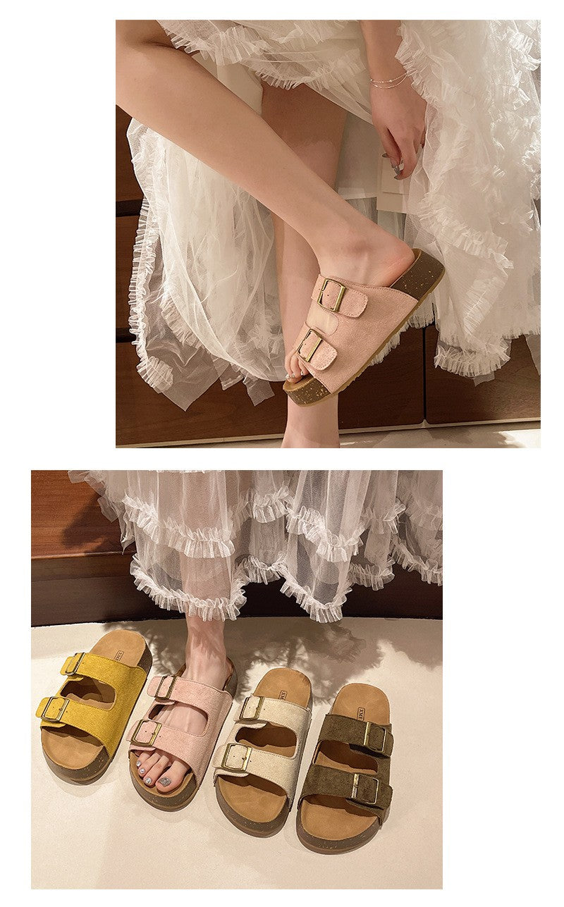 Bebealy Women's Sandals Soft-soled Platform Sandals Double Buckle Roman-style Belt-buckle Slippers Popular Slip-on Flat Slippers