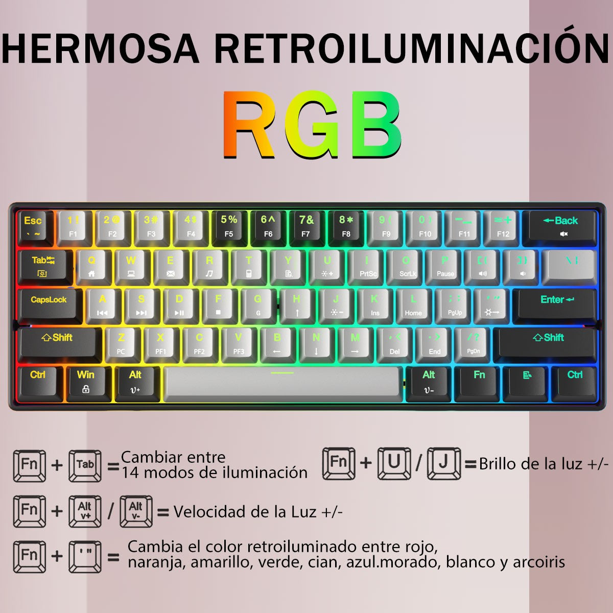 HUO JI Portable 60% Mechanical Gaming Keyboard,RGB LED Backlit Compact 61 Keys Mini Wired Office Red Switch Windows Laptop PC -