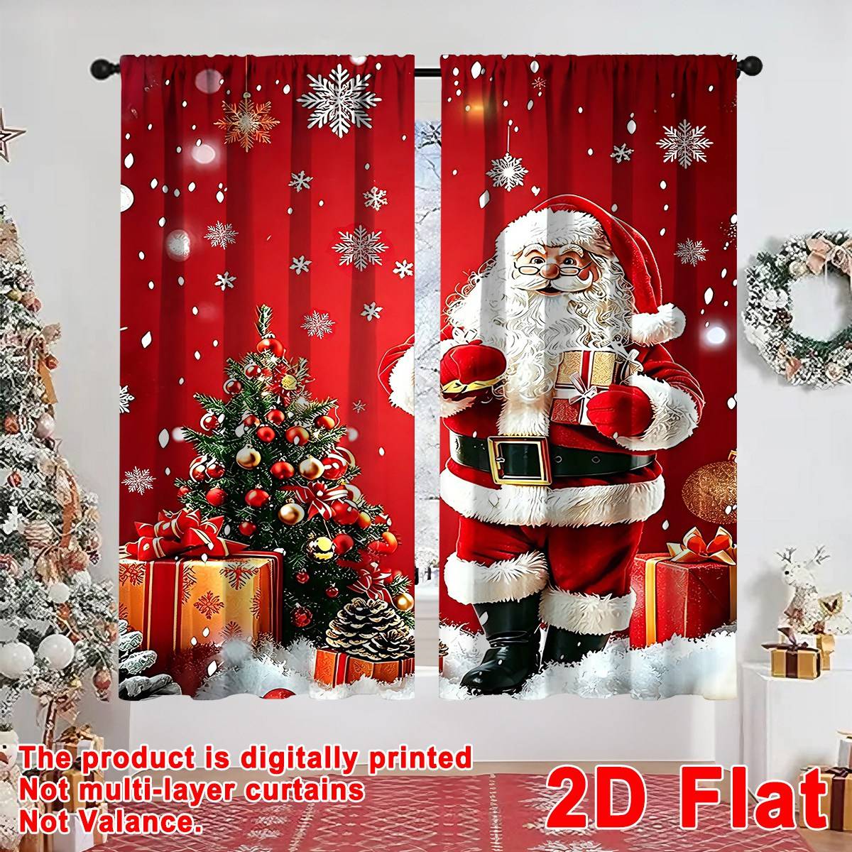 2pcs Merry Christmas Curtains Santa Xmas Tree Design 60*150cm Polyester Window Drapes for Home Bedroom Decor Festive Supplies