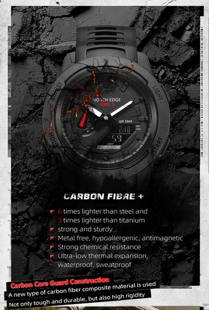 NORTH EDGE Mars 3 Men's Military Watch Digital Carbon Fiber Case For Man Waterproof 50M Sports Watches World Time LED Wristwatch