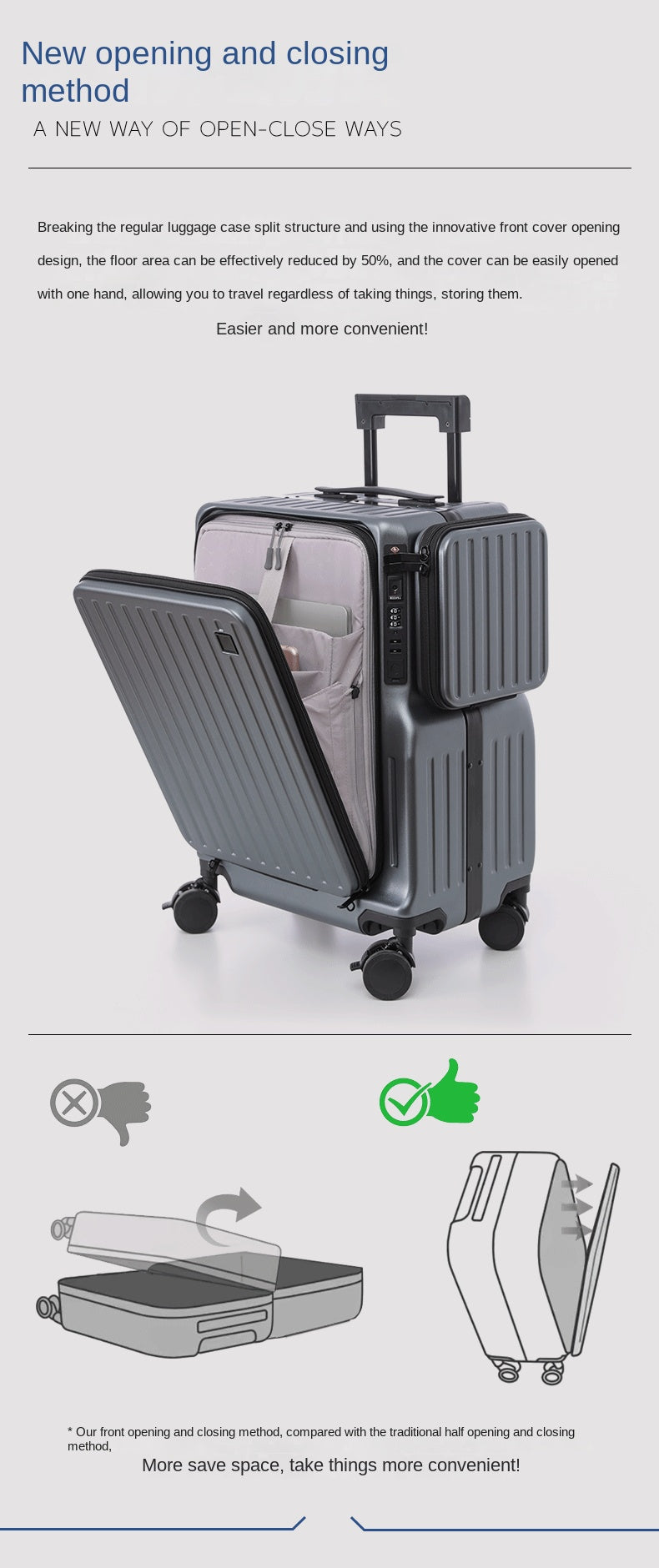 KLQDZMS Multifunctional Suitcase Front Opening Boarding Case USB Charging Trolley Case 20 Inch ABS + PC Laptop Cabin Luggage