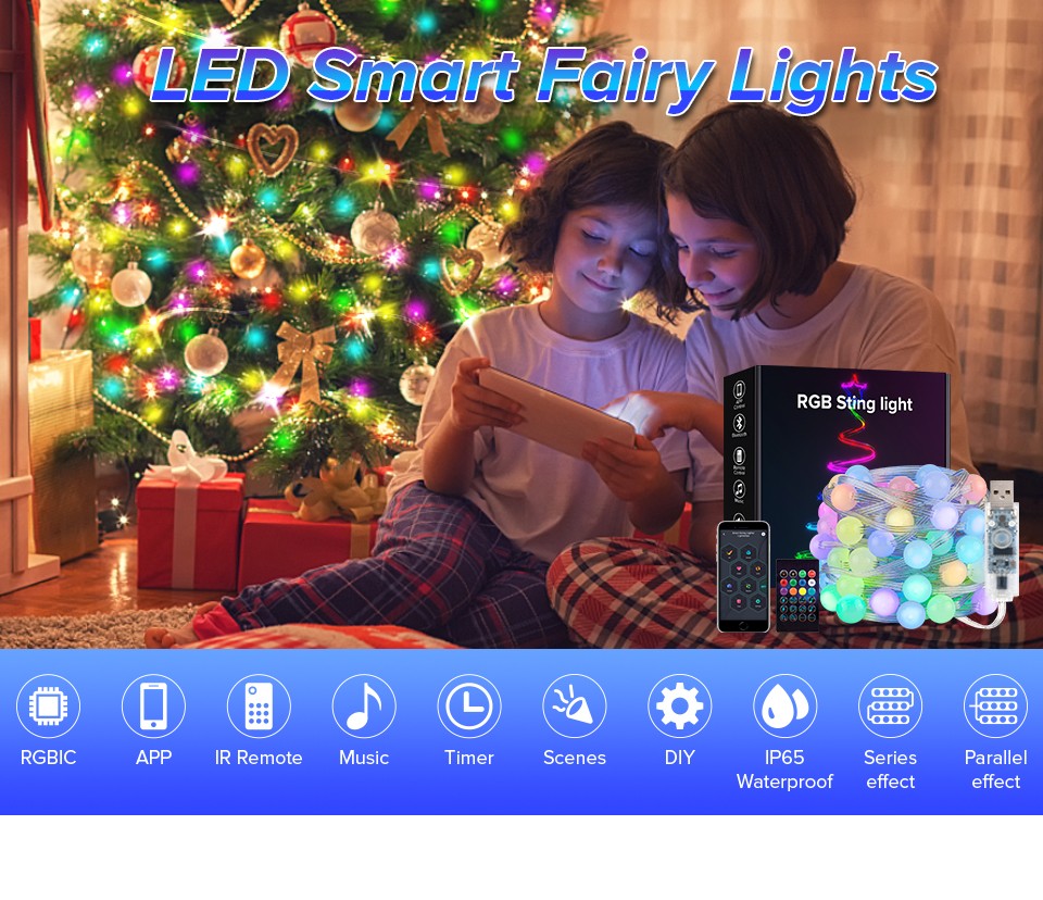 USB Christmas Lights String 5m 10m Bluetooth Music APP Remote DC5V WS2812B Party Wedding Garden Backyard Star Rugby Strawberries