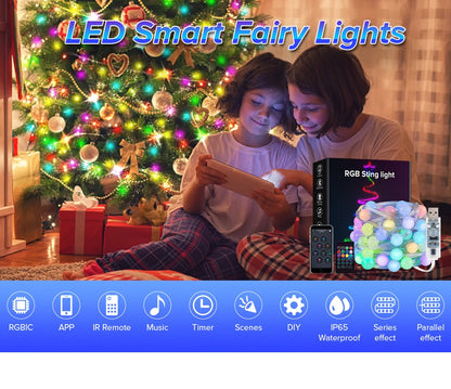 USB Christmas Lights String 5m 10m Bluetooth Music APP Remote DC5V WS2812B Party Wedding Garden Backyard Star Rugby Strawberries