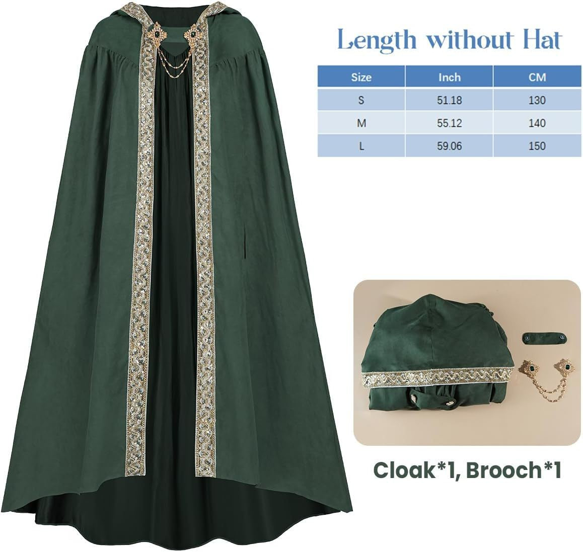Elegant Medieval Hooded Floor Length CloakTrim Cape Chain Brooch for Adult Wedding Photoshoot Halloween Gothic Cosplay Costume