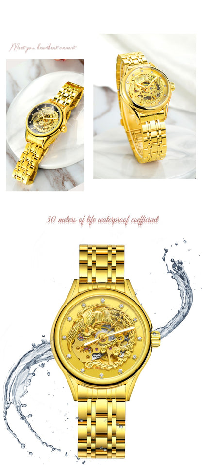 2024 Diamond Steel Skeleton Dial Golden Phoenix Women Fashion Automatic Watch Luxury Waterproof Mechanical Girl Wrist Lady Clock