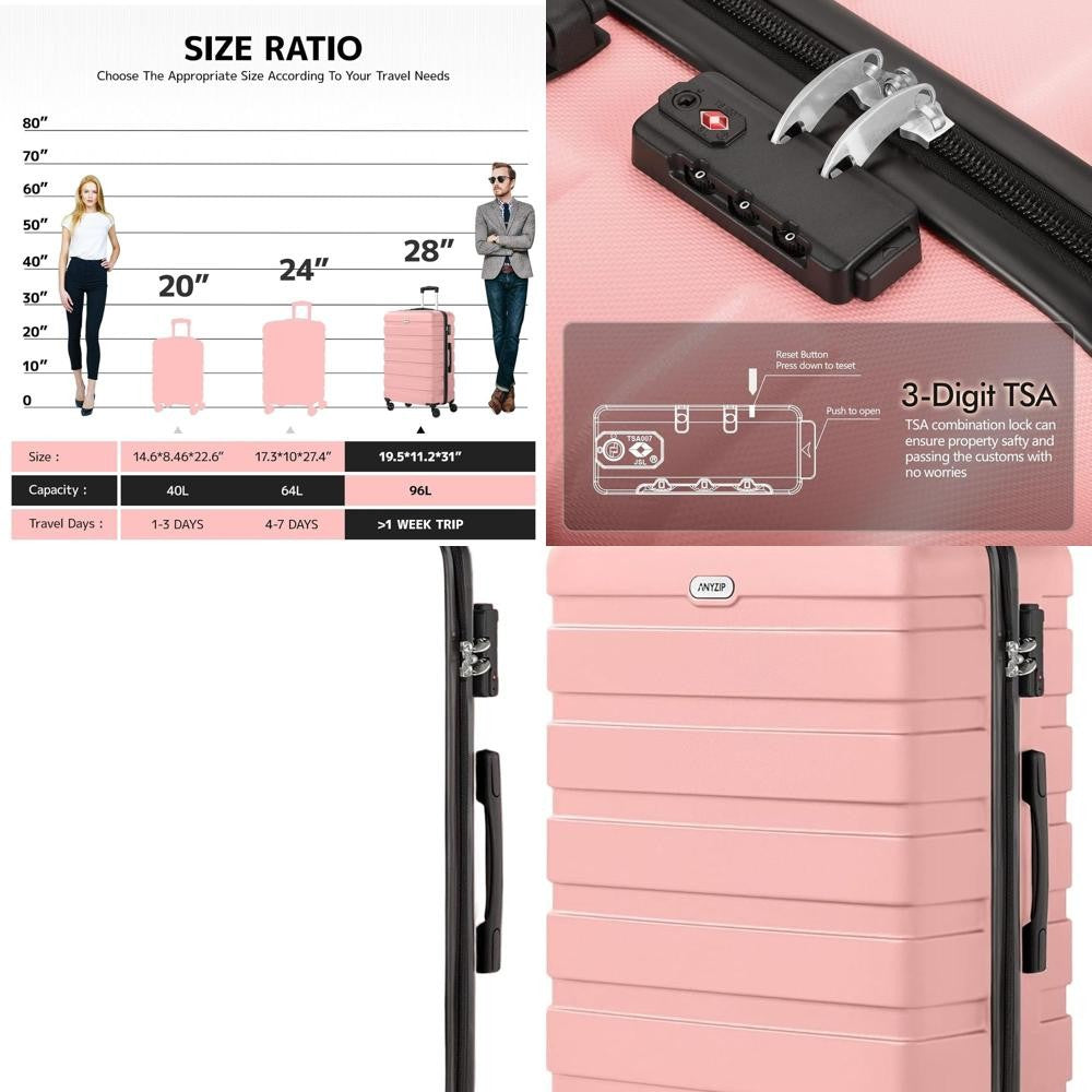 Mala de Viagem Rígida ABS Rosa 28 Polegadas Leve com 4 Rodas Giratórias e Trava TSA para Bagagem Grande