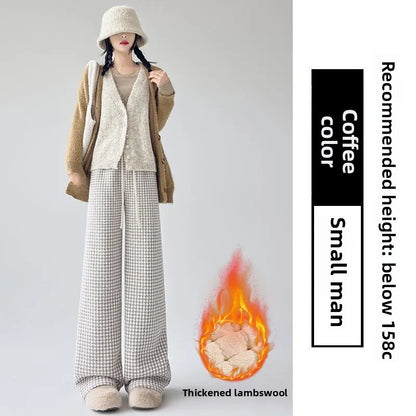 High Waist Wide Leg Pants Women's Autumn Winter New Style Lazy Casual Fleece Woolen Plaid Trousers Fashionable Comfortable