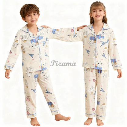 Children's Full Sleeve Button Down 2piece Kuromi Girls Pajamas Sets Boys Cinnamorolls Pyjamas Suits Kids Loungewear Homewear