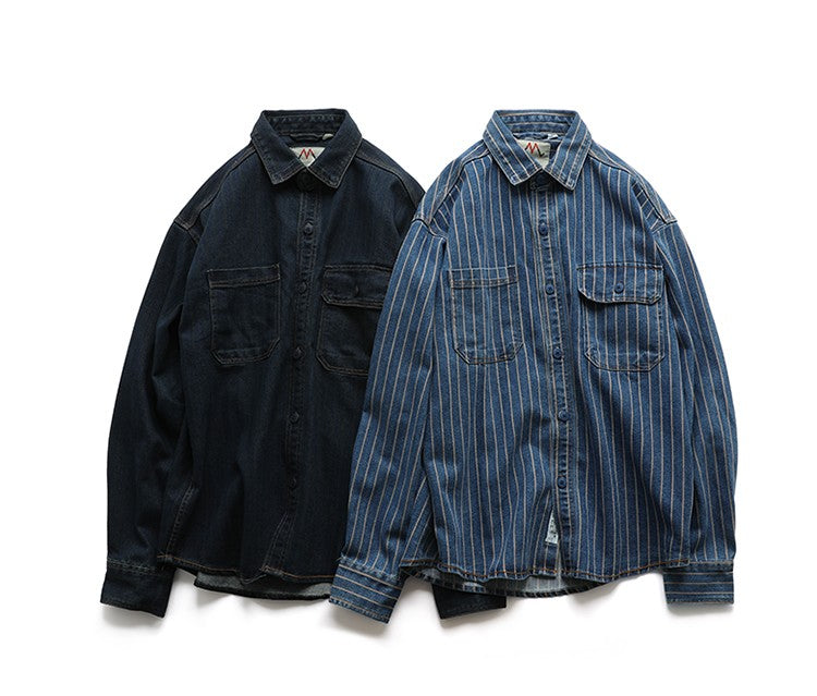 American Retro Workwear Long Sve Denim irt Loose Casual Striped ket irt Youth Trend Autumn Wear Iron Free
