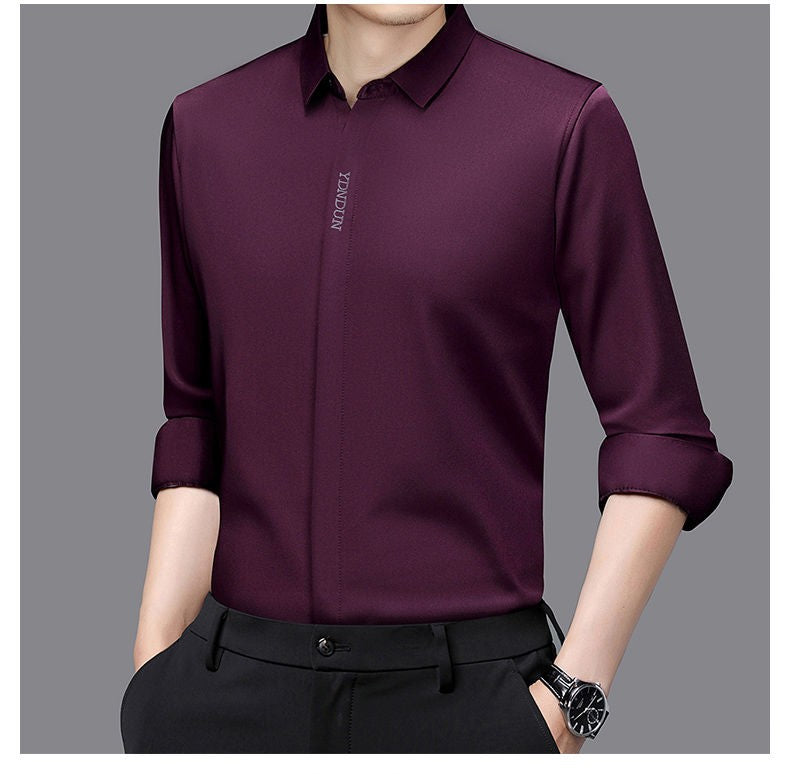 High End  Mulberry Silk Men Business Shirt Long Sleeve  Button Invisible Elastic Tops Wrinkle Resistant  Luxurious Men Shirt