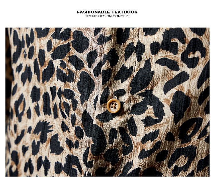 QJ CINGA Brand Men Leopard Print Long-sleeved Shirt, White Single-breasted Button-down Collar Printed Shirts, Asian Size M-6XL