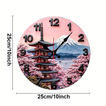 Mount Fuji Design Wooden Round Silent Hanging Wall Clock, Suitable For Living Room, Office, Study Room, Bedroom, Home Decoration