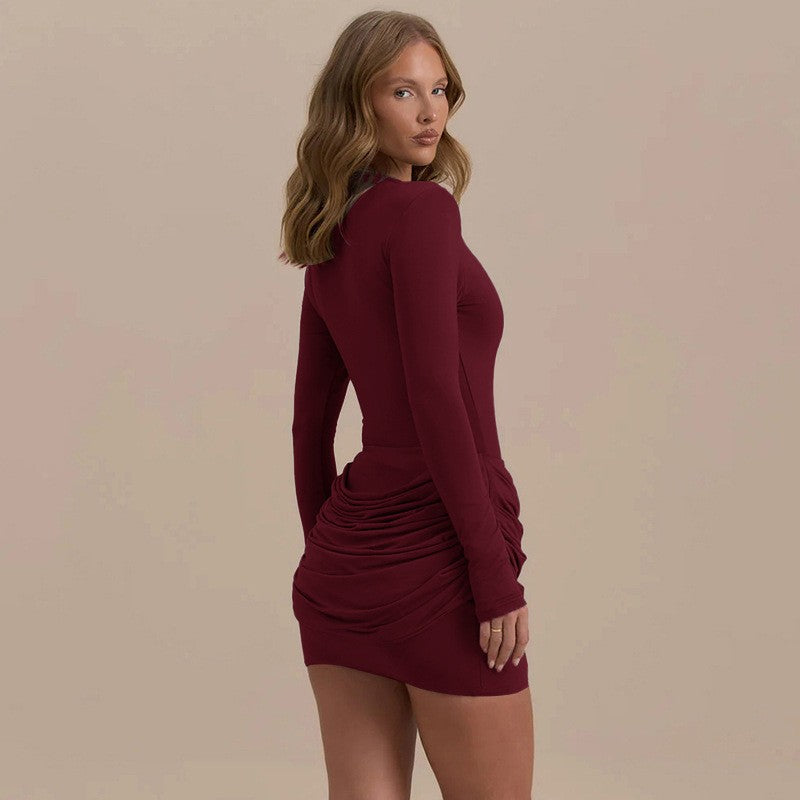 Lady Long Sleeve Ruched Sexy Mini Dress Women Autumn Winter New Elegant Solid High Waist Bodycon Club Party Dresses Female 2025
