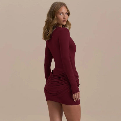 Lady Long Sleeve Ruched Sexy Mini Dress Women Autumn Winter New Elegant Solid High Waist Bodycon Club Party Dresses Female 2025