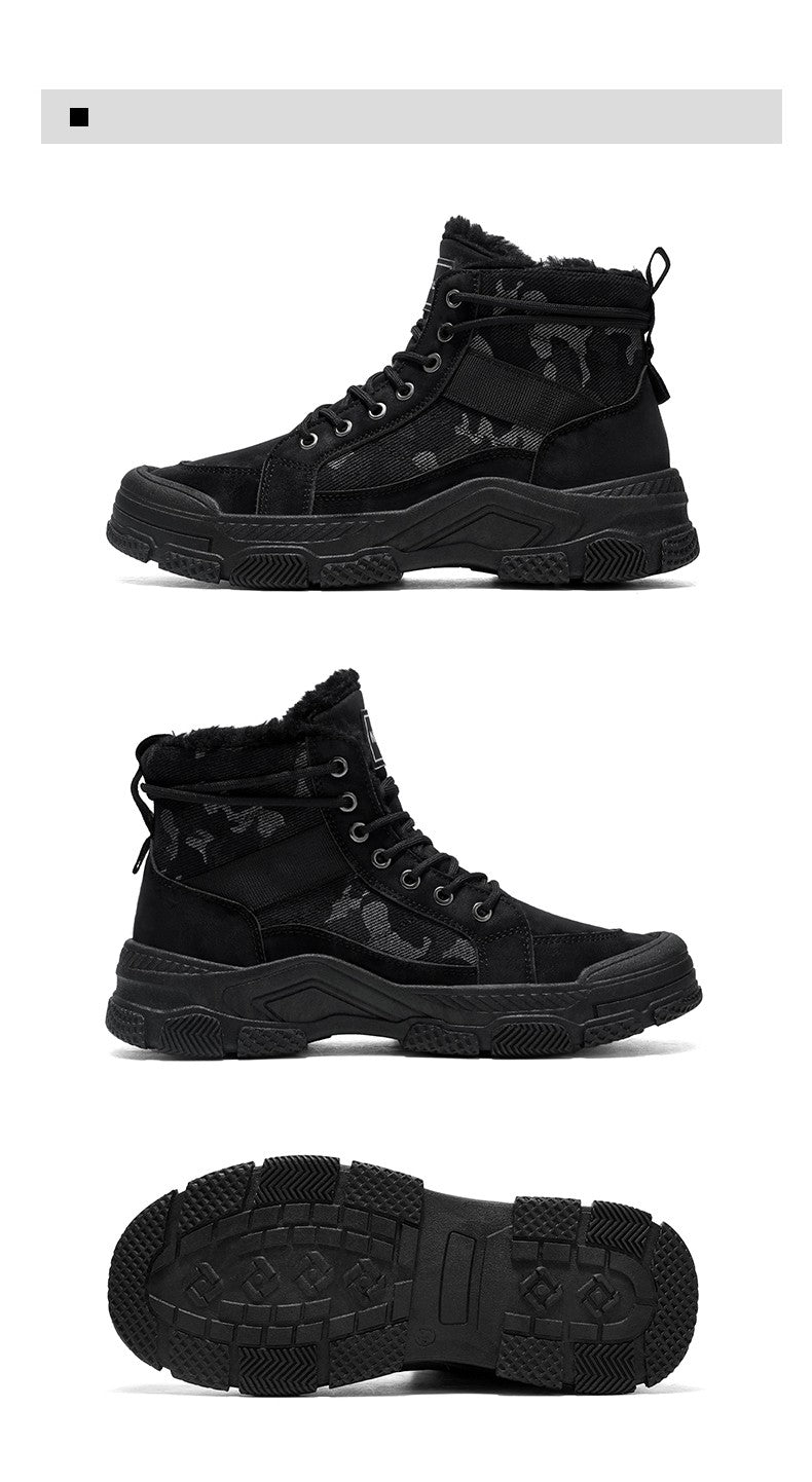 Winter Fleece Warm High-top Men's Shoes Trendy Casual Outdoor Solid Color Mid-top Fashionable Round Toe Plus-size Snow Boots