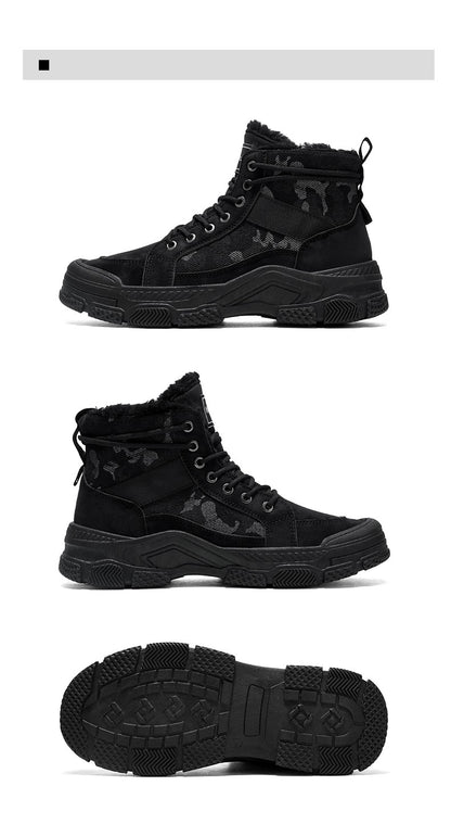 Winter Fleece Warm High-top Men's Shoes Trendy Casual Outdoor Solid Color Mid-top Fashionable Round Toe Plus-size Snow Boots