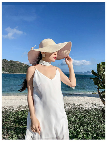 Women Summer Beach Travel Straw Hat Korean Seaside Big Hat Brim Sunblock Sunshade Holiday Foldable Fashion Big Cool Hat