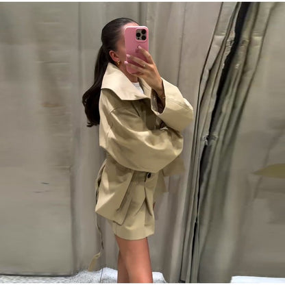 Belted Waist Cropped Trench Double Breasted Stand Collar 2025 Autumn Chic Elegant Women Coat Casual Vintage Office Lady Jacket