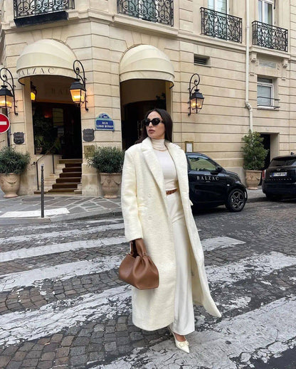 Elegant White Lapel Woolen Long Coat Women Fashion Full Sleeve Single-breasted Warm Loose Coats Lady Winter Commute Street Wear