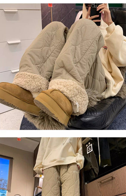 Heavy Winter Cotton Waterproof Splicing Lamb Fleece Cotton Pants for Men and Women, Solid Color Diamond Grid Embroidered Clip Co