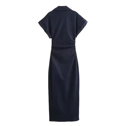 Denim Dress Women's Spring Summer Casual Long Dresses For Women 2025 New Fashion Ruched Short Sleeve Streetwear Midi Dress