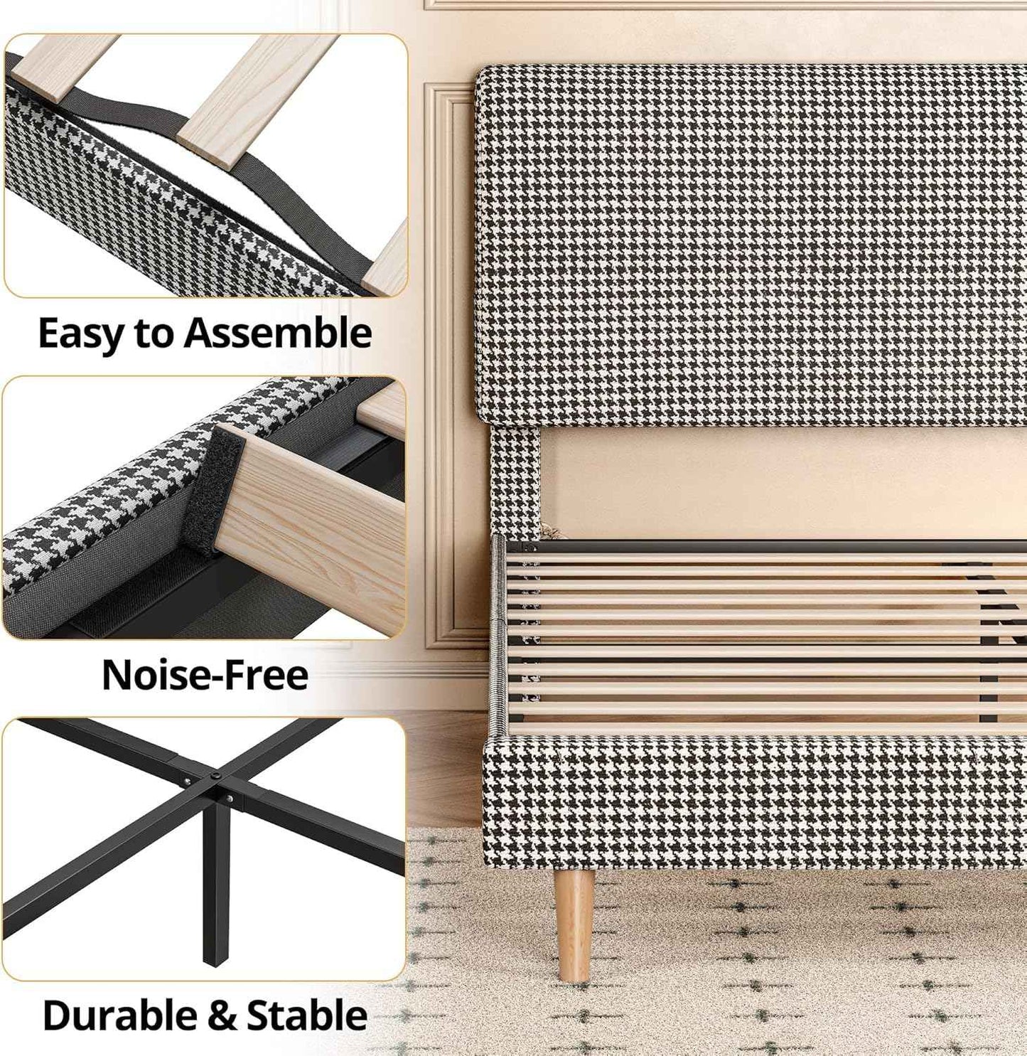 Cama Queen com Estrutura e Cabeceira, Base para Colchão Totalmente Estofada em Algodão, Suporte com Estrados de Madeira, Sem Ruído, Não Precisa de Box