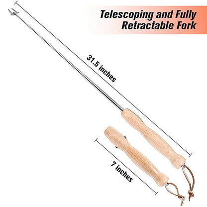 80Cm Barbecue Skewers Stainless Steel Wooden Handle Long Campfire Telescopic Extendable BBQ Fork Barbecue Accessories
