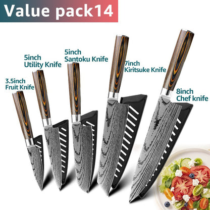 Conjunto de Facas de Cozinha 1-7PÇS Faca de Chef Japonesa Santoku 7CR17 Aço Inoxidável 440C Faca de Imitação de Damasco Cutelo de Carne Fatiador