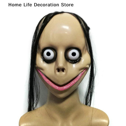 Halloween MO MO Mask With Long Hair Big Eyes Funny Mask Horror Ghost Party Costume Props V-shaped Mouth Mask Halloween Cosplay