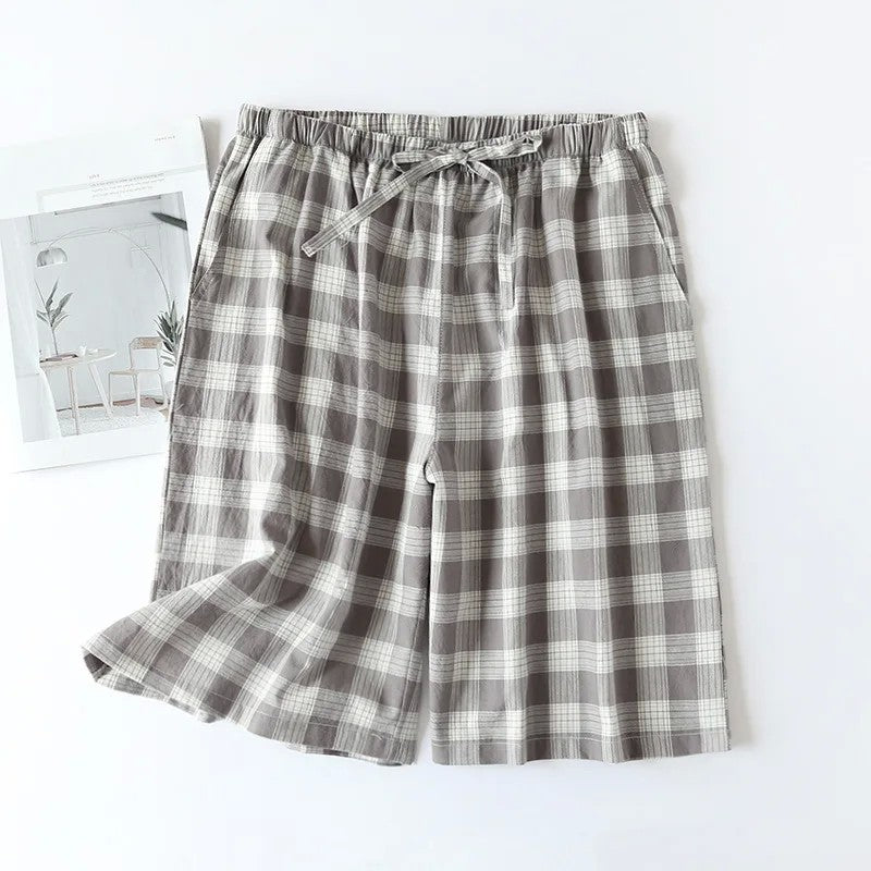 Plaid Design Sleepwear Men Pajama Shorts for Summer Thin Cotton Loose Double-layer Homewear Lounge Wear Checkered Pj Pants