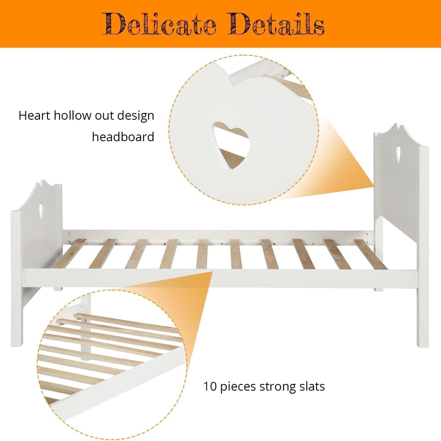 Estrutura de Cama de Solteiro de Madeira Maciça para Meninas, Estrutura de Cama Plataforma Princesa de Solteiro Branca, com Cabeceira/Peseira/Suporte de Sarrafos de Madeira, Não