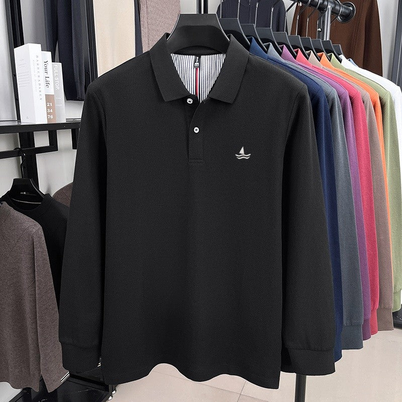 100% pure cotton spring and autumn fashionable men's collar striped long sleeved polo shirt brand sailboat embossed design casua