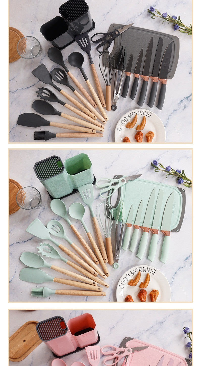 Conjunto de utensílios de cozinha de silicone, 19 peças com cabo de madeira, espátula, panela antiaderente e balde de armazenamento de facas multiuso integrado