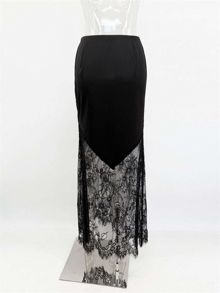 Trendix Women Patchwork Lace Skirts 2025 New High Waist Slim Hollow Out Maxi Skirts Autumn Brown Fashion Party Club Boho Skirt