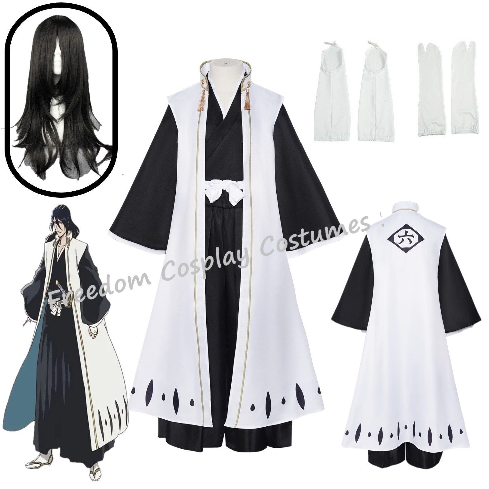 Anime Kuchiki Byakuya Cosplay Costume wig Kimono Gotei 13 Captain White Cloak Combat Uniform Adult Man Halloween Carnival Suit