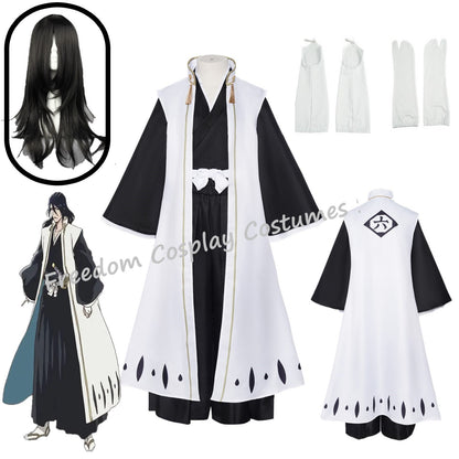 Anime Kuchiki Byakuya Cosplay Costume wig Kimono Gotei 13 Captain White Cloak Combat Uniform Adult Man Halloween Carnival Suit