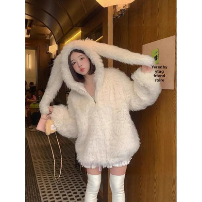 Women's Loose Thickened Lamb Fur Jacket Autumn Winter New Style Cute Rabbit Ear Design Soft Plush Coat Warm Casual Outerwear