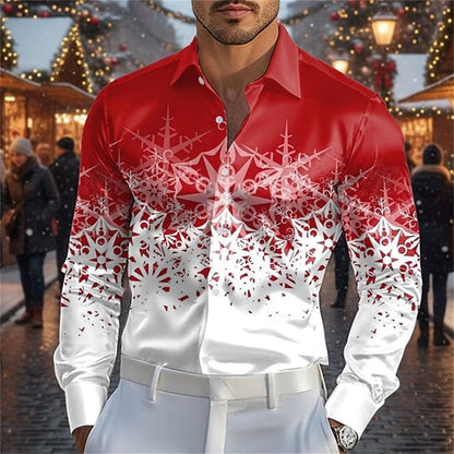 Fashionable 3D printed Christmas deer design style men's long sleeved shirt slim fit lapel button casual party plus men's shirt