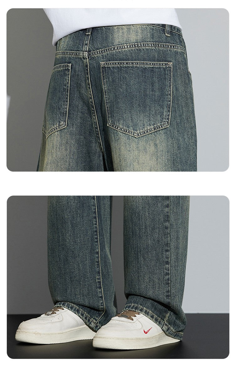 Calças Jeans Masculinas Folgadas de Algodão Perna Larga Retrô Estilo Urbano Coreano Reta Lavada Calças Jeans de Marca de Alta Qualidade