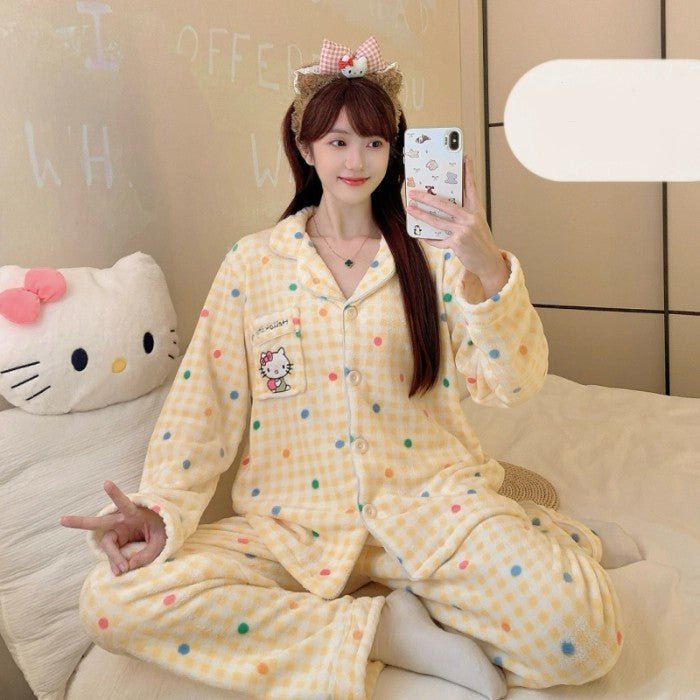 Winter Pajamas Lapel Neck Women's Pajamas Long Sleeve Kawaii Dog Warm Sleepwear Harajuku Style Cute Casual Pajamas Two-Piece
