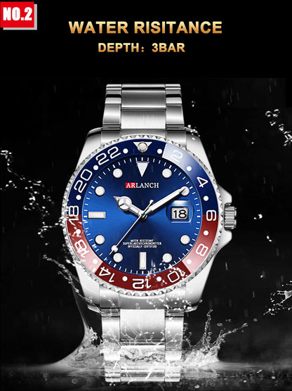 Business Stainless Steel Watch 40mm Classic Red Blue Circle Diving Series Magnifying Glass Calendar Quartz Watches montre homme