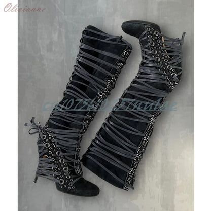 Sexy Hollow Round Rivets Strappy Mid Calf Boots Round Toe Many BFashion Sexy Strappy Women Shoes 2025 Spring Zapatos Para Mujere