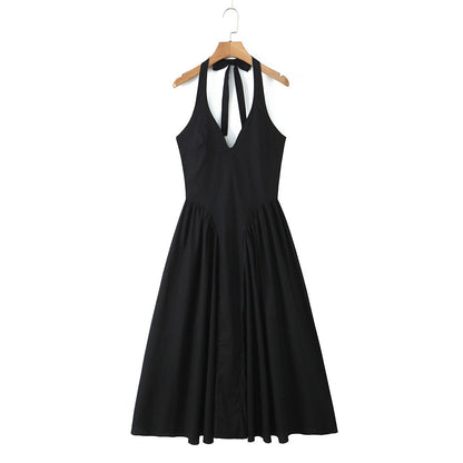YENKYE Sexy Backless Green Elegant Halter Dress For Women Low Waist A-line Midi