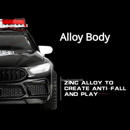 1:32 Scale M8 Competition Police Car Model Toy Alloy Diecast Shock Absorption Miniature Vehicles Models for Kids Presents