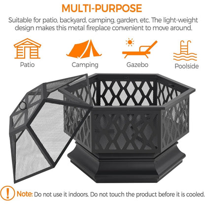 Hex Shaped Fire Bowl - Large Wood Burning Outdoor Fire Pit with Spark Screen & Poker for Bonfire, Picnic,