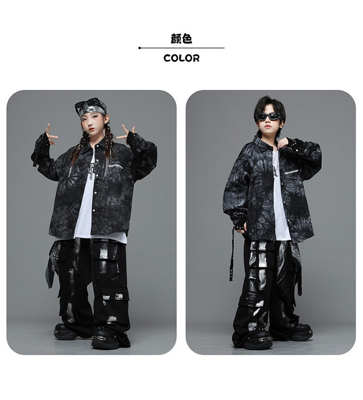 Roupas Infantis Hip Hop Casaco Brilhante Preto Top Calças Jogger Pretas de Rua para Meninas Meninos Fantasia de Dança Jazz Roupas