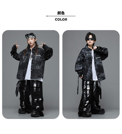 Roupas Infantis Hip Hop Casaco Brilhante Preto Top Calças Jogger Pretas de Rua para Meninas Meninos Fantasia de Dança Jazz Roupas